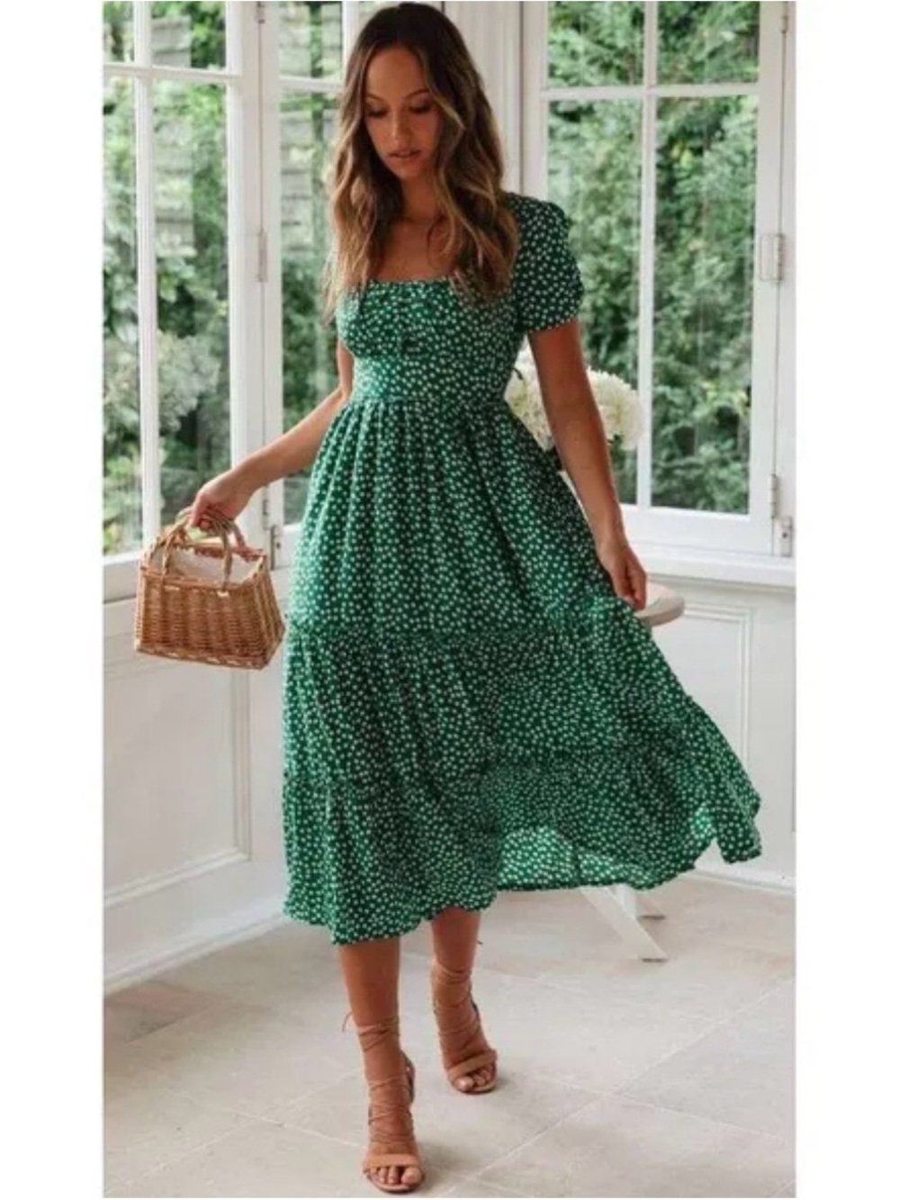 Green Floral Square-Neck Midi Dress
